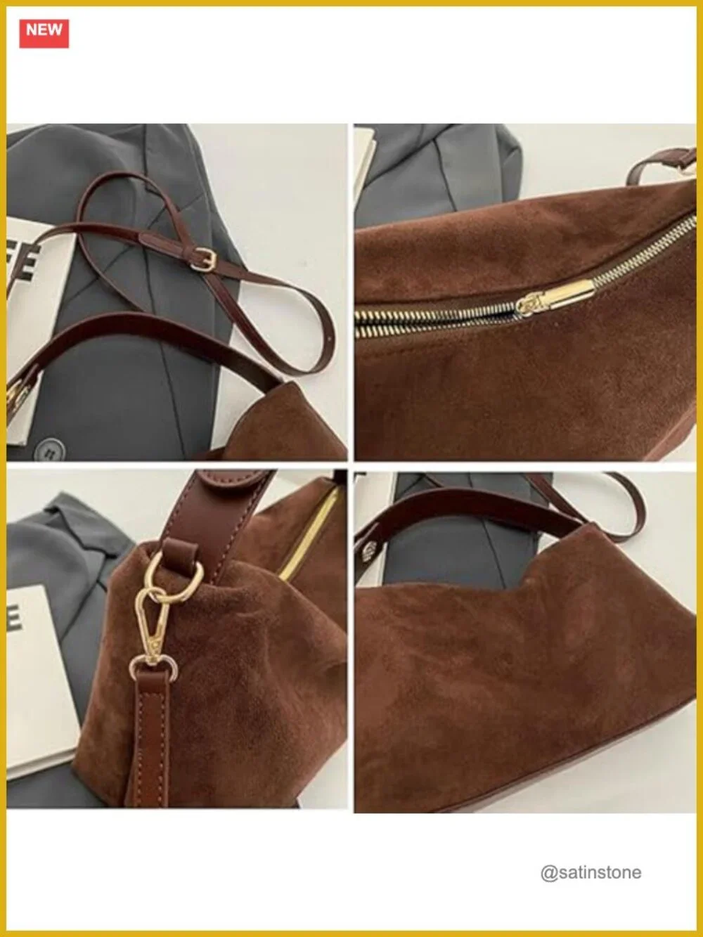 Faux Suede Hobo Tote Bag - Women's Slouchy Handbag with Adjustable Shoulder